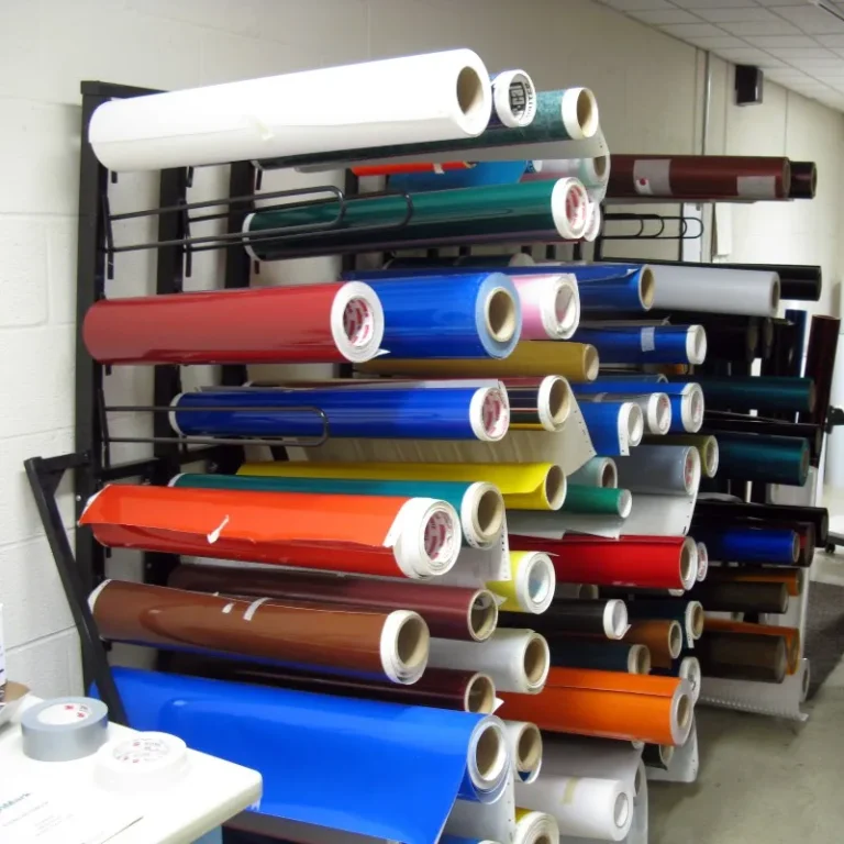 Rolls of vinyl wrap on racks