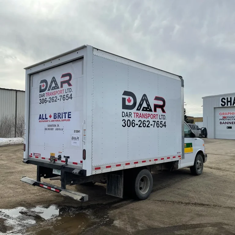 A box truck with company logo and information on the side and rear door.
