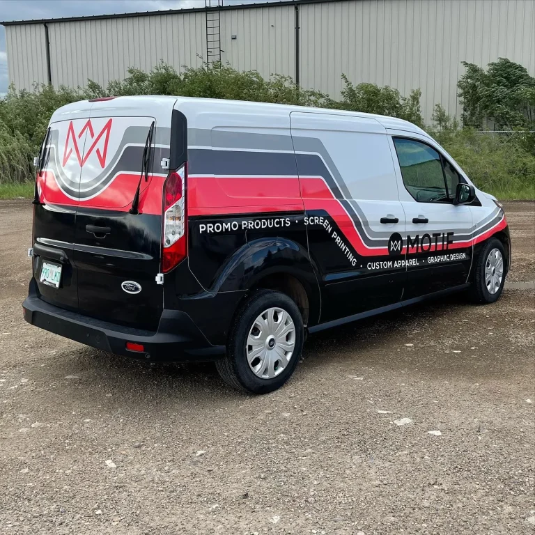 A Ford Transit van with custom wrapped graphics.