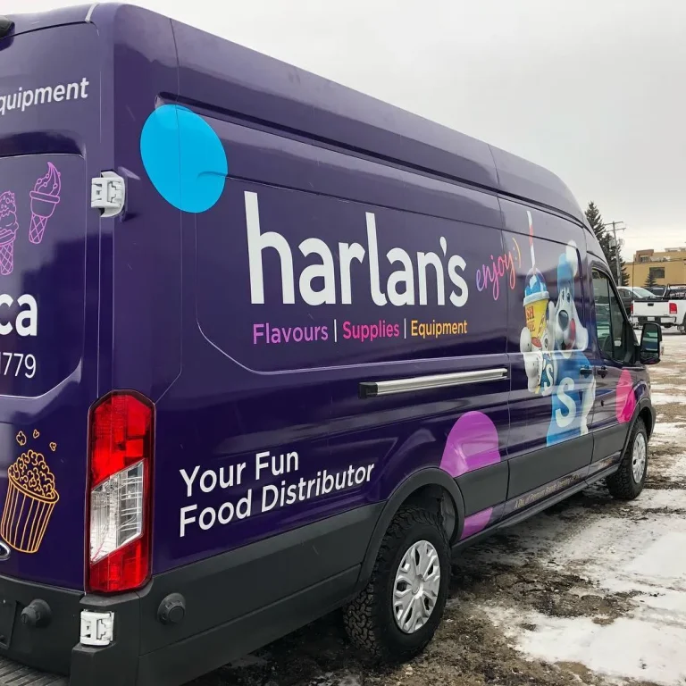 A Van with company branding against purple background.